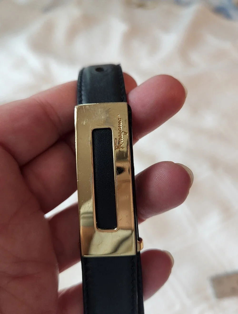 Salvatore Ferragamo Black Leather Belt with Gold Plate